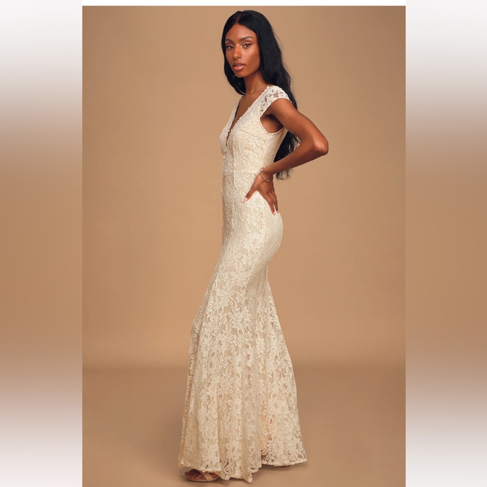 Lulu's Cream Lace V-Neck Wedding Dress - Picture 2 of 5